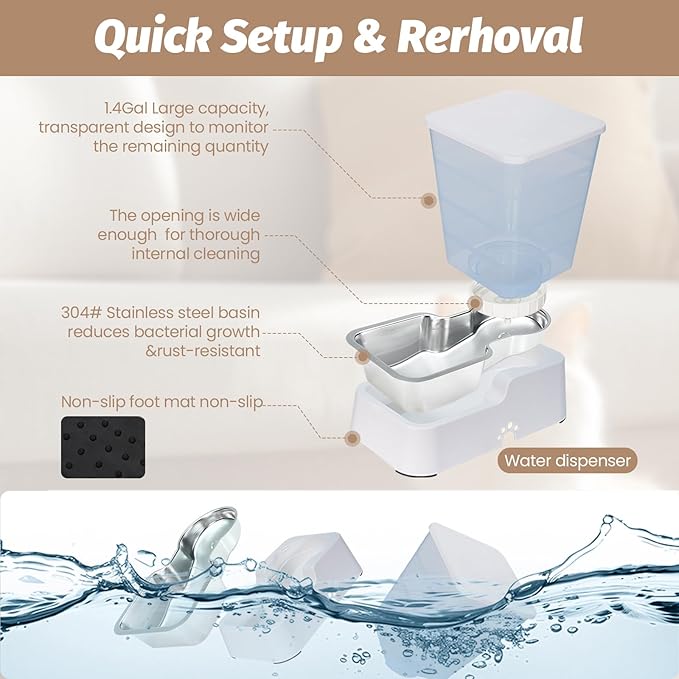 Automatic 5.4L/1.4Gal Pet Waterer, Automatic Dog Water Dispenser Gravity Stainless Steel Water Feeder, Large Capacity Feeding Bowls for Cats and Medium & Large-Sized Dogs (White, Food+Water)