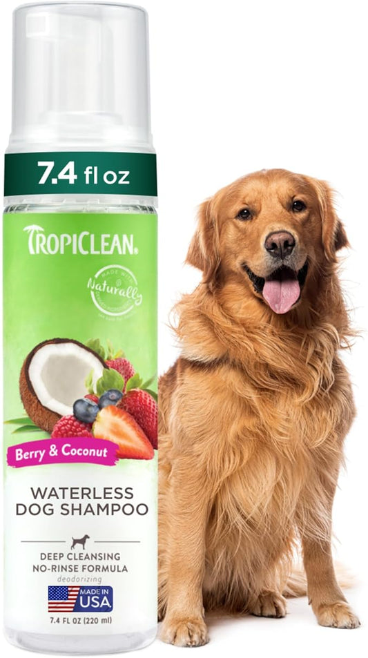TropiClean No Rinse Waterless Dog Shampoo | Detangling and Deodorizing Dry Shampoo for Smelly Pets | Moisturizes Dry Skin | USA Made | Berry Scent | 7.4oz