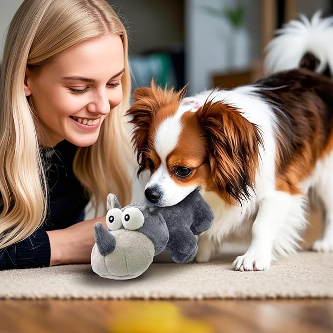 VWPYCHI Tough Dog Toy, Stuffed Chew Large Dog Toys to Keep Them Busy, Interactive Squeaky Tug of War Doggie Toy, Crinkle Grey Good Size Rhino Best Gift Christmas