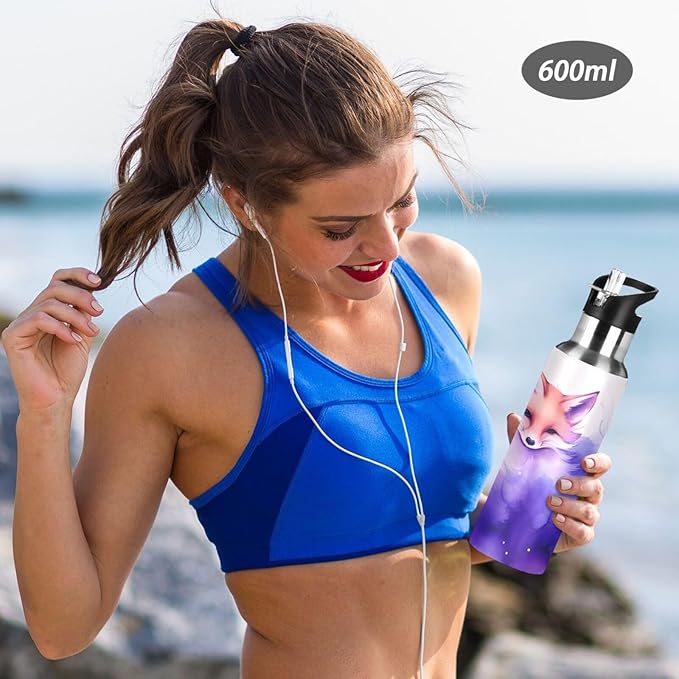 Fox Art Water Bottle with Straw Lid Kids Insulated Stainless Steel Water Flask Sports, 20 Oz Hot Cold