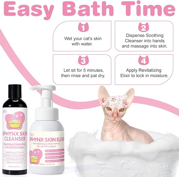 Sphynx Cat Skin Care Duo | Hypoallergenic Shampoo & Conditioner for Hairless Cats | Relieves Dry, Itchy Skin, Moisturizing | Veterinarian Approved, 2 Bottles