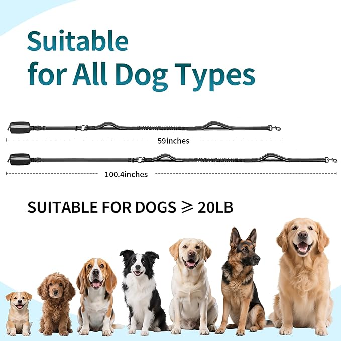 Hands Free Dog Leash with Removable Zipper Pouch, Dual Padded Handles and Durable Bungee for Walking, Jogging and Running-Black