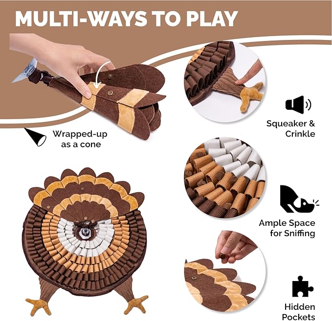POPUPJOYS Durable Hide & Seek Snuffle Mat for Dogs, 2-in-1 Enrichment Puzzle Toy with Detachable Tail & Squeaker, Adjustable Difficulty Level with Suction, Machine Washable, Gift-Ready (Turkey)