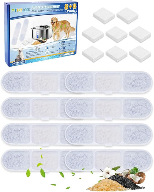 8+8 Pack Dog Water Fountain Replacement Filters Fit for Dogs Water Bowl Dispenser WF530 9L/2.4GaL, Large Dog Fountain Bowl Filter Fit for Automatic Stainless Steel Pet Water Fountains