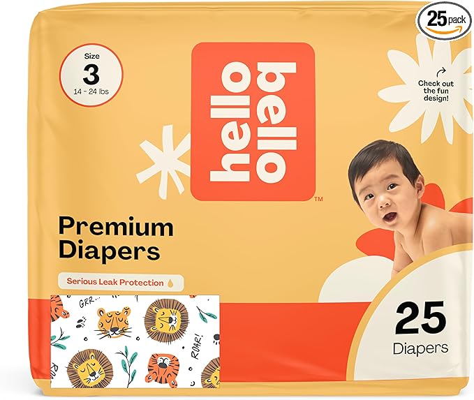 Hello Bello Diapers, Size 3 (14-24 lbs) Wild Cats, 25 Count of Premium Disposable Baby Diapers, Hypoallergenic with Soft, Cloth-Like Feel