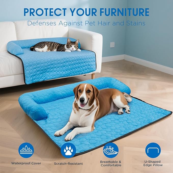 Large Cooling Dog Bed & Mat for Dogs | Machine Washable, Waterproof & Non-Slip Blanket Cover | Portable for Couch, Car, Floor & Travel (No Gel), L-40 x 35 inch