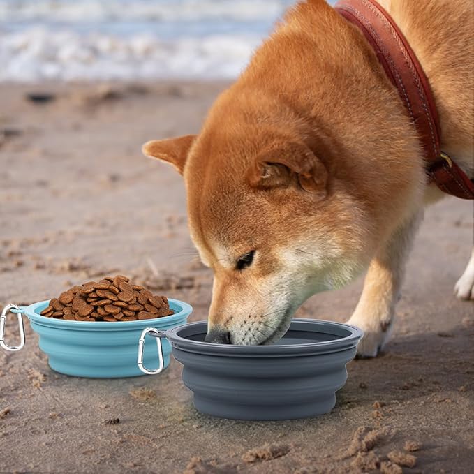 Kytely Collapsible Dog Bowls 2 Pack - 1500ml Portable Pet Food & Water Bowl for Travel, Hiking, Walking - Foldable Feeding Dish with Carabiner Clip for Dogs & Cats - X-Large (Blue & Grey)