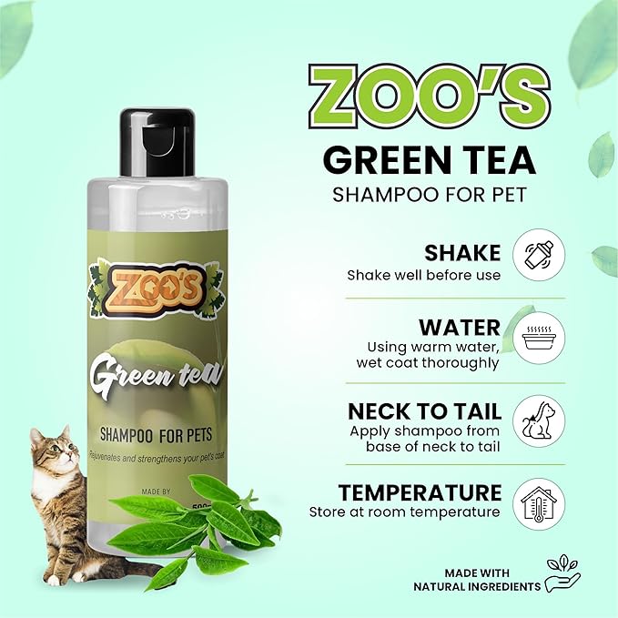 Zoo’s Pet Dog Shampoo Green Tea for Cats and Pets Vitamins E and C Nourish Skin, Promote Growth of Soft Lustrous Fur - 500ml