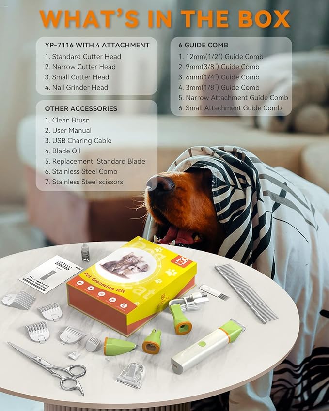 Dog Clippers with Paw Trimmer, All-in-One Dog Grooming Kit Low Noise Electric Rechargeable Small Quiet Foot Razor Pet Hair Shaver with Stainless Steel Scissors Guards for Dogs Cats at Home