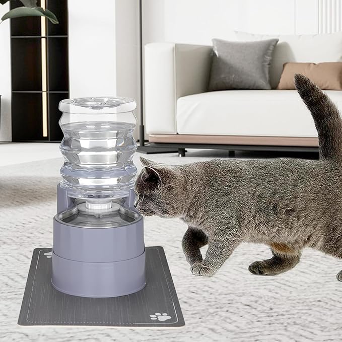 Sfozstra Automatic Gravity Water Dispenser: 5L Gray Stainless Steel Pet Bowl Waterer with Waterproof Pad - Raised Edge Water Feeder for Cats & Small Dogs Indoor/Outdoor
