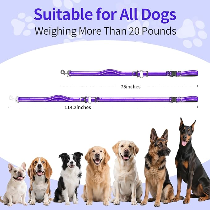 Hands-Free Dog Leash with Adjustable Length 6-9FT + Dual Padded Handles Reflective Safety for Walking, Jogging & Training | Suitable for Medium to Large Dogs & Puppies Purple-L