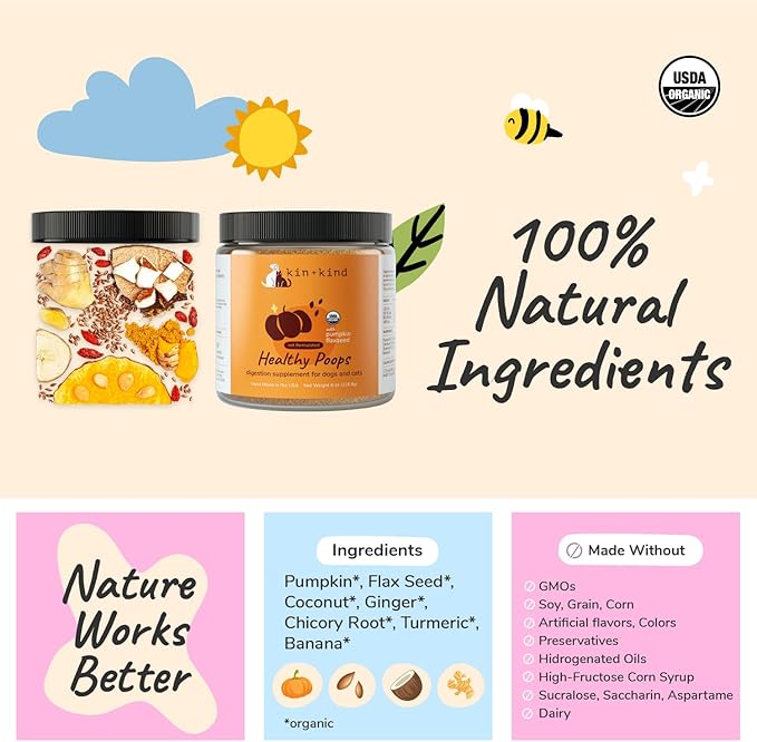 kin+kind Organic Fiber for Dogs&Cats - Pumpkin Boost for Healthy Poops - Digestive Health - Flax Seed, Ginger, Turmeric and Coconut - Made in USA - 4 oz (Medium)