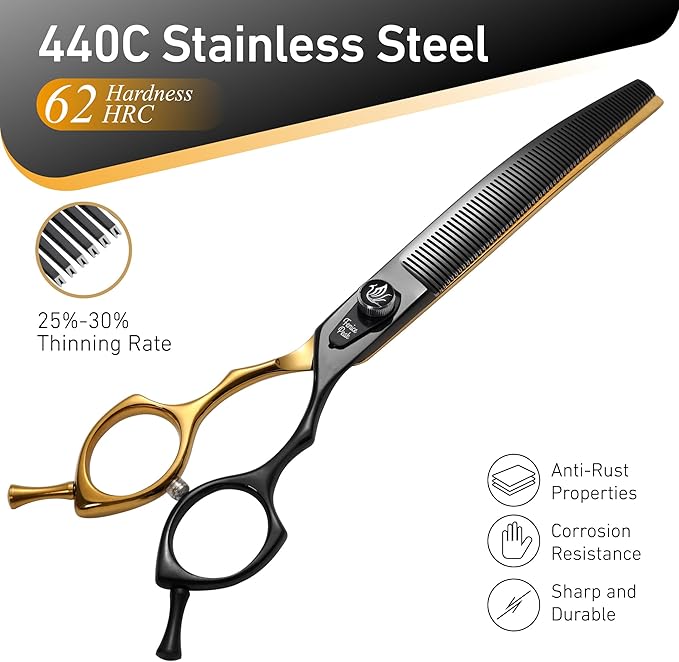 Fenice Peak Black and Golden Professional Curved Thinning Dog Grooming Scissors 7.5'' 440C Stainless Steel Thinner Shear Sharp and Durable with Decorative Screw