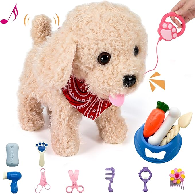 Interactive Walking Plush Puppy Toy Dog, Remote Control Electronic Robot Dog Realistic Wagging Tail, Rich Grooming Set, Gift Toy for Girls & Boys, Kids Age 3, 4, 5, 6 (Accessories Updated)