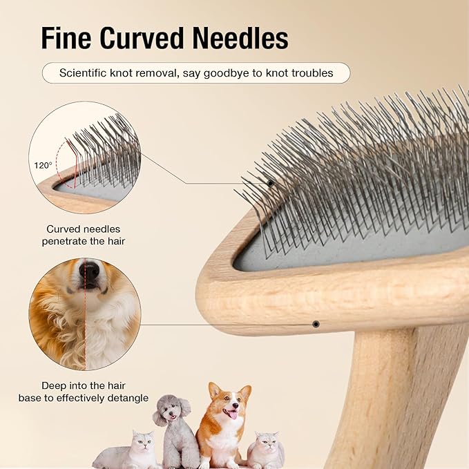 UTEE Slicker Brush for Medium Dog (Toy Poodles, Bichons & Cocker Spaniels) Gentle Grooming Tool with Stainless Steel Curved Pins & Ergonomic Beech Wood Handle — Ideal for Long or Thick Fur