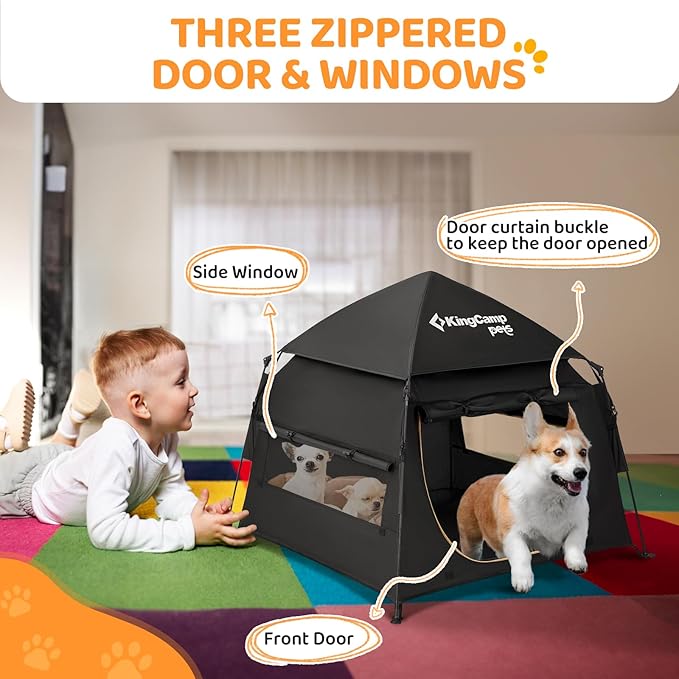KingCamp Dog Tent, Large Portable Outdoor Indoor Dog House with 600D Oxford Fabric & Dual Layer for Medium Large Dogs, Black, 39.4" x 39.4" x 35.4"