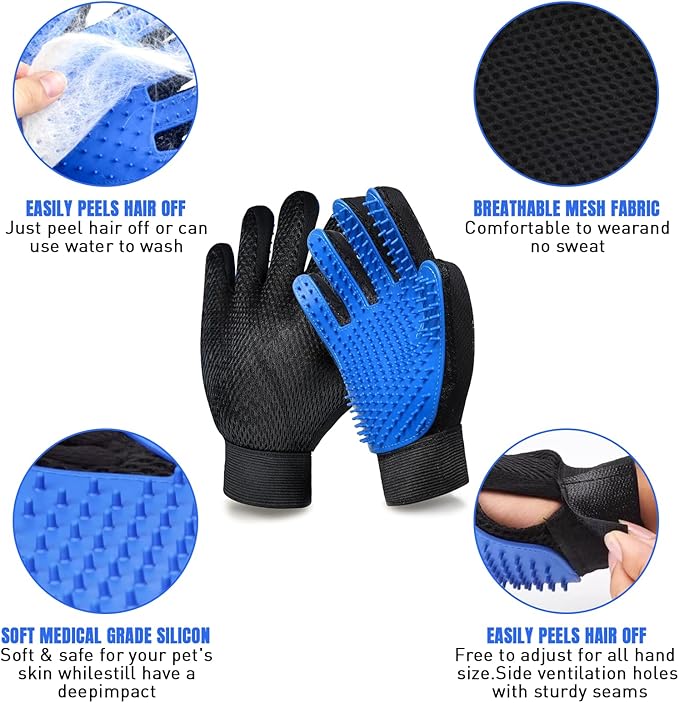 Cat & Dog Grooming Gloves for Shedding, 4PCS Efficient Deshedding Pet Grooming Gloves for Dogs with 1PCS Pet Hair Remover Gloves, Cats & Horses with Long & Short Fur