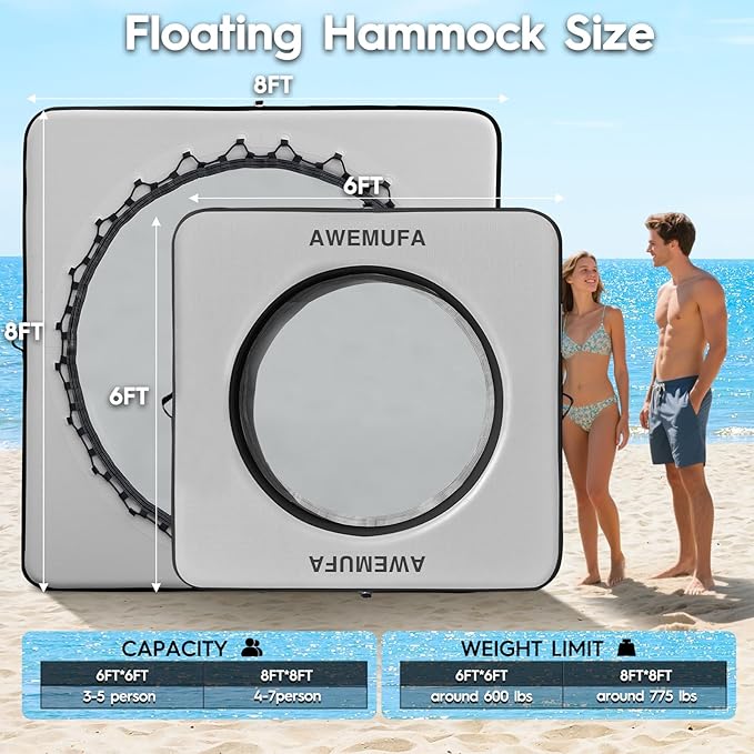 Inflatable Dock Floating Platform with Mesh, Heavy Duty Water Hammock Floats Floating Ring, Tanning Pool Hammock Inflatable Raft Mat Lake Floats for Adults Ocean