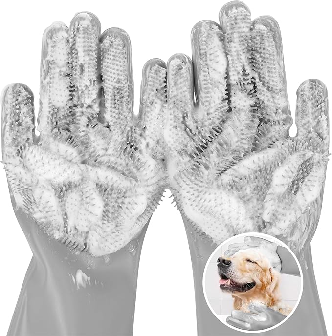 Pecute Pet Grooming Gloves, Large, Gray, Heat Resistant, High-Density Teeth, Silicone Dog Bathing Gloves with Enhanced Five Finger Design, for Washing, Bathing, and Massaging