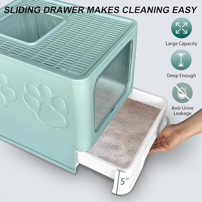 Upgrade Portable Litter Box, Top Entry Cat Box with Lid, No Leakage Kitty Box with Scoop and Mat, Easy Cleaning Cat Box Enclosure(Blue)