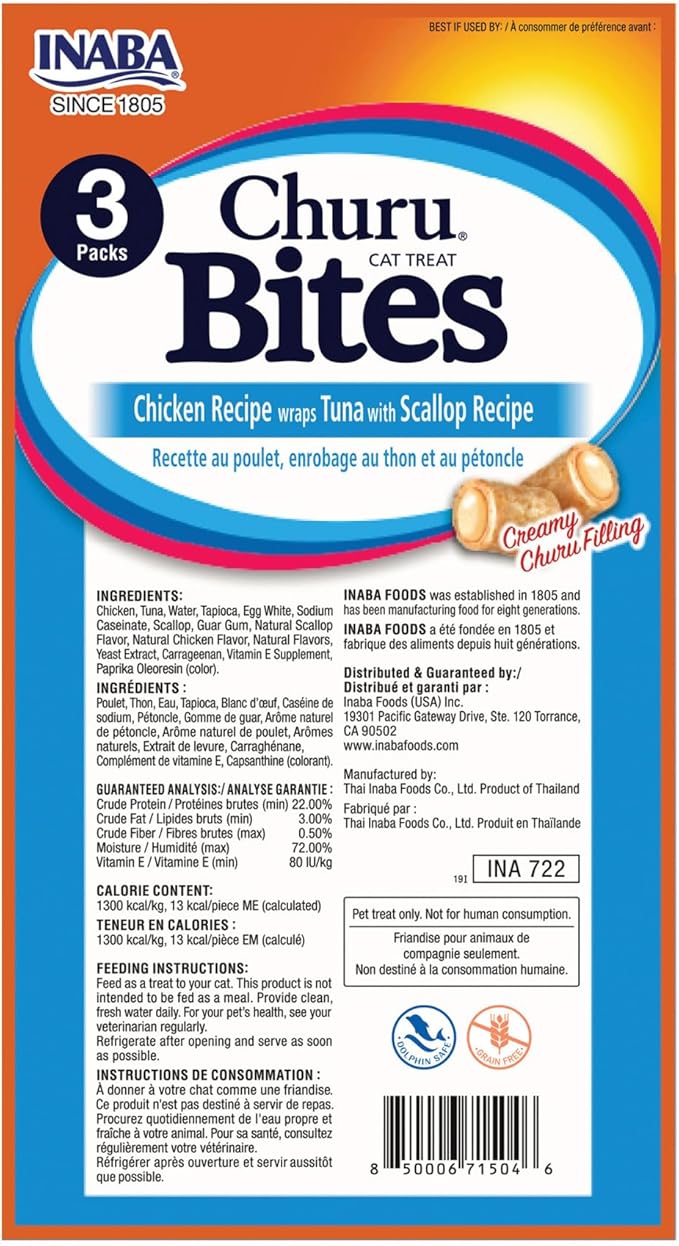 Inaba Churu Bites for Cats, Soft Baked Chicken Churu Filled Cat Treats with Vitamin E, 0.35 Ounces Each Tube, 24 Tubes Total (3 Per Pack), Tuna with Scallop Recipe