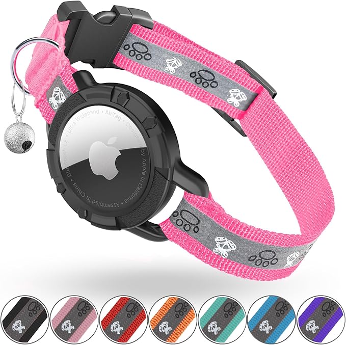 Reflective AirTag Cat Collar, Integrated Cat Tracker Collar with Air Tag Holder and Bell, Safety Elastic Band Cat GPS Collars for Girl Boy Cats, Kittens and Puppies (Hotpink,XS)
