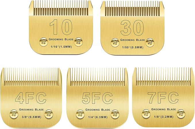 Andis/Oster A5/Wahl KM-10 Series Compatible 5PCS Detachable Dog Clipper Blades (Gold-#10, 30, 4FC, 5FC, 7FC)