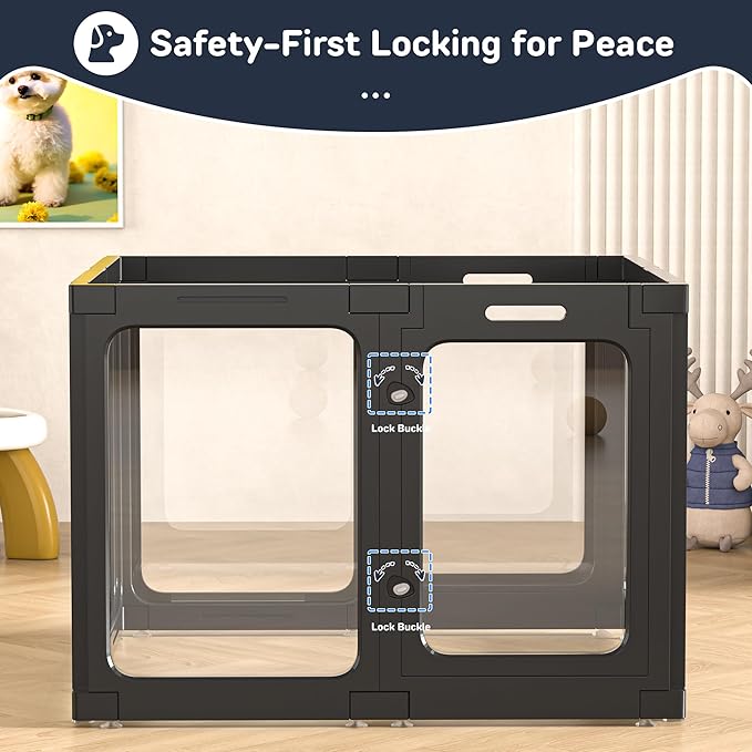 Jalove Acrylic Dog Playpen Indoor, 8 PCS Plastic Puppy Playpen with Door, Clear PlayPen for Dog Cat Rabbit Ferret, Easy Assemble Pen, Preferable Small Cage, Black, 33.5" L x 33.5" W x 24" H