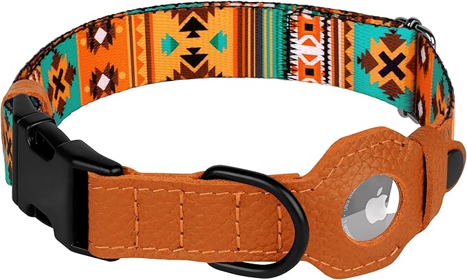 AirTag Dog Collar with Metal Buckle - Soft Leather Printed Nylon Dog Collar with Apple AirTag Holder - Cute Tracking GPS Pet Collars for Girl Boy Small Large Dogs (M, 14"-18" Neck Fit, Southwest)
