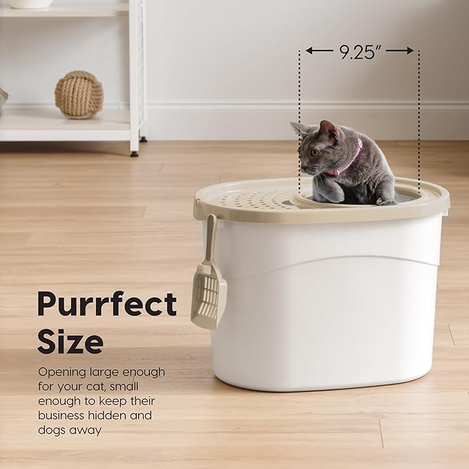 IRIS USA Top Entry Cat Litter Box, Large Enclosed with Litter Catching Lid and Scoop, Dog Proof, Cat Litter Box, White/Beige