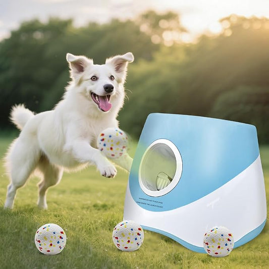Automatic Dog Ball Launcher for Samll to Medium Dogs, Upgraded Interactive Toy Balls Thrower, Distance Adjustable Mental Stimulating Dog Toys with 4 Etpu Balls 2.2 Inch (Blue)