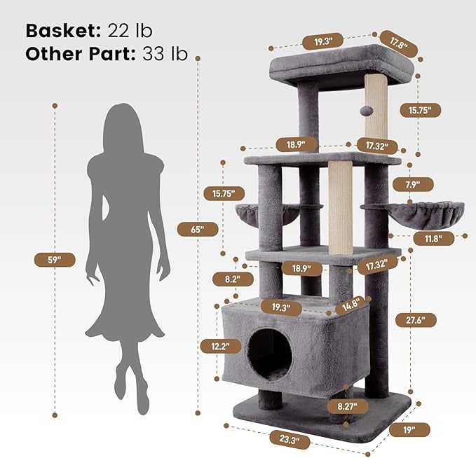 Gardner Pet 65in Heavy Duty Cat Tree Tower for Large Cats, Multi-Level Cat Furniture with Replaceable Sisal Scratching Post, Hammock | Extra-Large Platform & Condo (Upgraded Grey)