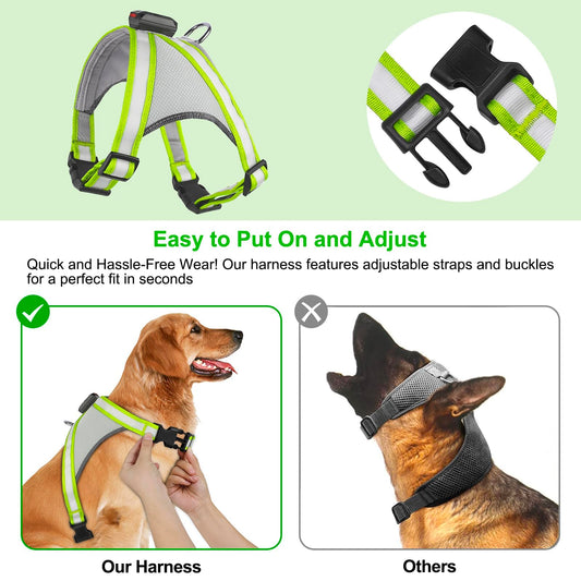Visinite LED Dog Harness, USB Rechargeable Light Up Dog Vest, 2 Illuminate Modes Glow in The Dark Dog Harness, Adjustable Lighted Pet Harness Light for Night Walking Safety (Green, L)