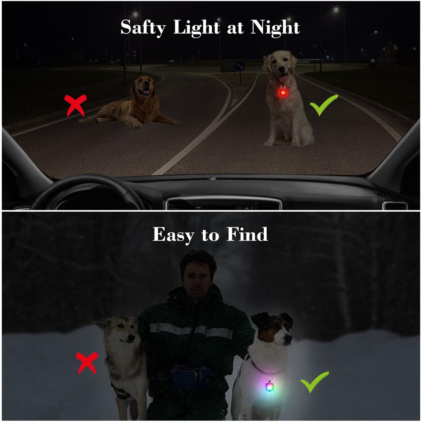 JUFDS Rechargeable Dog Lights 2Pack LED Dog Collar Lights Clip on with 4Modes Safety Harness Leashes Lighting for Dog Night Walking Running Camping