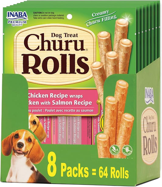 INABA Churu Rolls for Dogs, Soft & Chewy Baked Chicken Wrapped Filled Dog Treats, 0.42 Ounces Each Tube, 64 Tubes Total, Chicken with Salmon Recipe