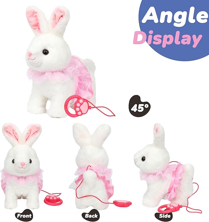 Hopearl Hopping Bunny Interactive Electronic Rabbit Toy Remote Control Leash Animated Pet Repeat What You Said Singing Gifts for Toddlers, White, 12''