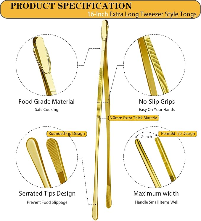 JETKONG 2 Pcs 16-Inch Heavy Duty Cooking Tweezers Extra Large Stainless Steel Food Tweezers Gaint Kitchen Tweezer Tongs (Gold)