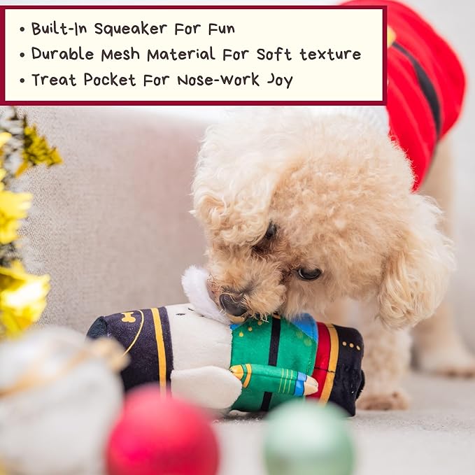 Nutcracker Treat-Dispensing Soft Plush Squeaky Pet Toy - Christmas/X’Mas Festive Enrichment Gift, Durable Cute&Fun Toy for Interactive Play,Hide Food for Nose-Work Puzzle, Small Medium Dogs