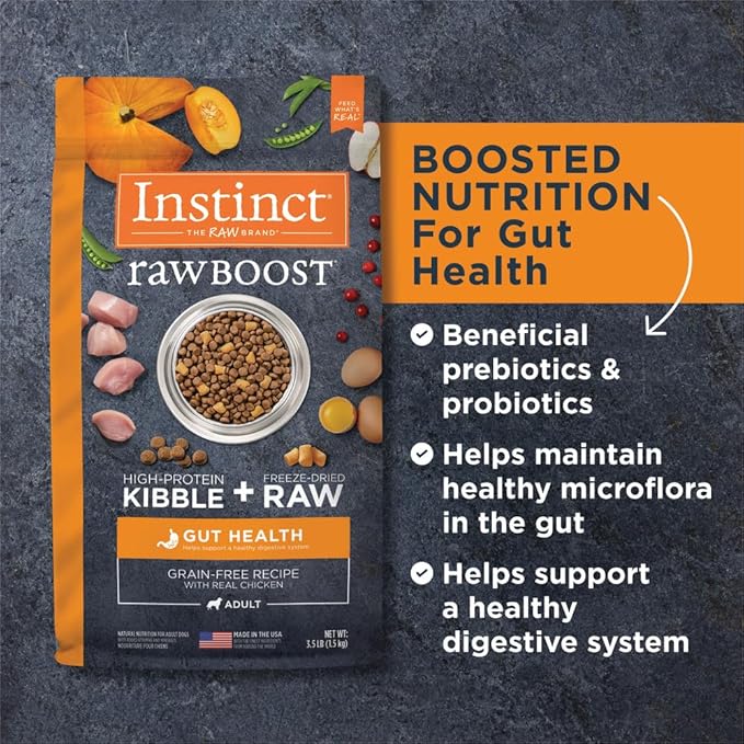 Instinct Raw Boost Gut Health, Natural Dry Dog Food with Freeze Dried Pieces, Grain Free Recipe - Real Chicken, 3.5 lb. Bag