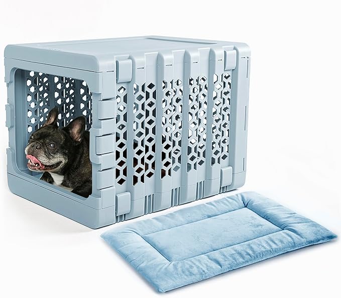 KindTail PAWD Collapsible Puppy and Dog Crate + Washable Bed - Stylish Pet Kennel with Comfortable Pad - Safe Indoor Set - Lightweight, Compact & Portable for Travel - Medium Blue