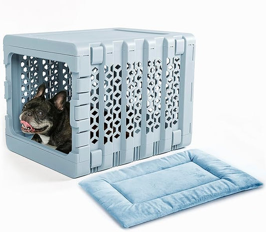 KindTail PAWD Collapsible Puppy and Dog Crate + Washable Bed - Stylish Pet Kennel with Comfortable Pad - Safe Indoor Set - Lightweight, Compact & Portable for Travel - Medium Blue