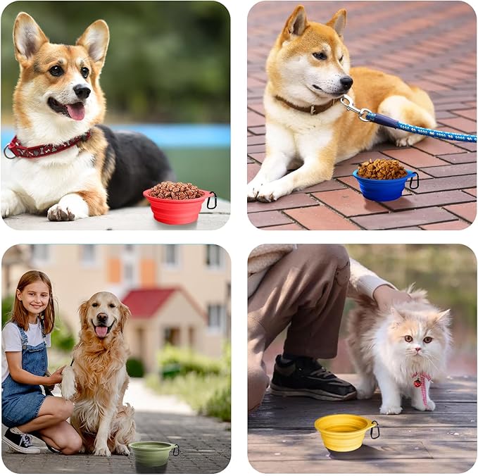 PetBonus 2-Pack Silicone Collapsible Dog Bowls, BPA Free Dishwasher Safe, Portable Foldable Expandable Travel Bowl, Food Water Feeding Cup Dish for Dogs Cats with 2 Carabiners (Orange, Yellow)