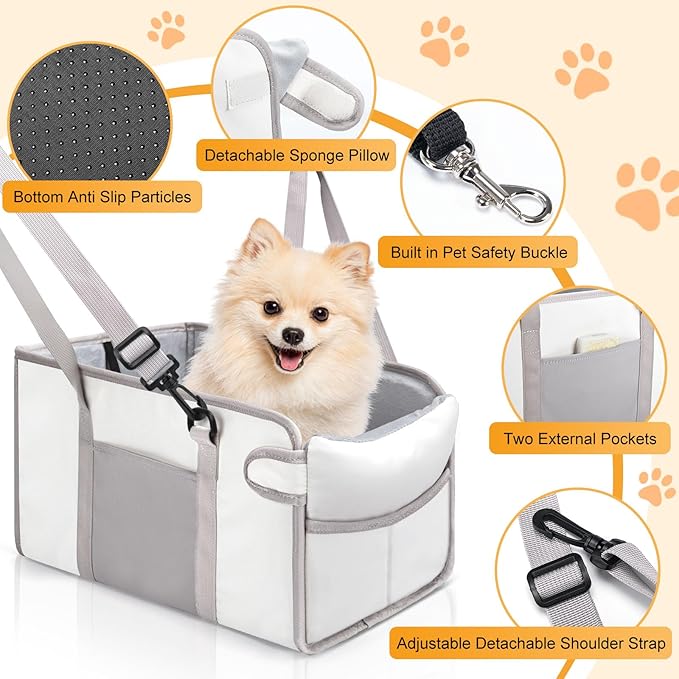 Portable Dog Car Seat for Small Dogs - Pet Booster Seat with Safety Leash, Adjustable Straps, Washable Cushion & Storage Pocket - Center Console Puppy Car Seat for Travel - Beige