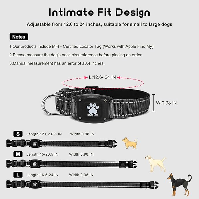 GPS Dog Collar Tracker 2-in-1,Reflective Waterproof Adjustable Pet Collar,iOS-Only,Ideal for Dog Tracking pet Tracker,for Small to Large Dogs,Real-Time Tracking,No Monthly Fees(Black,Small)