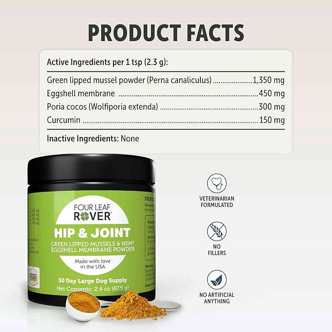 Hip & Joint - Mobility & Joint Support with Glucosamine and Chondroitin for Dogs, 2.4 oz - 22 to 60 Day Supply, Depending on Dog’s Weight - Vet Formulated - Easy to Mix - Delicious