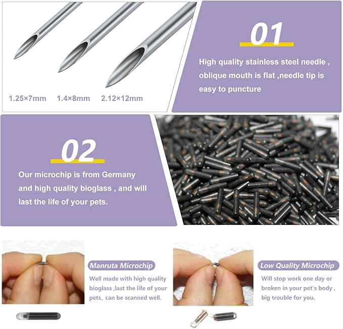 ISO Dog ID Microchip for Dogs and Cats 15 Gauge 1.4X8mm Size 10 Pack Universal Standard ISO 11784/5 134.2Khz Unique 15 ID Numbers