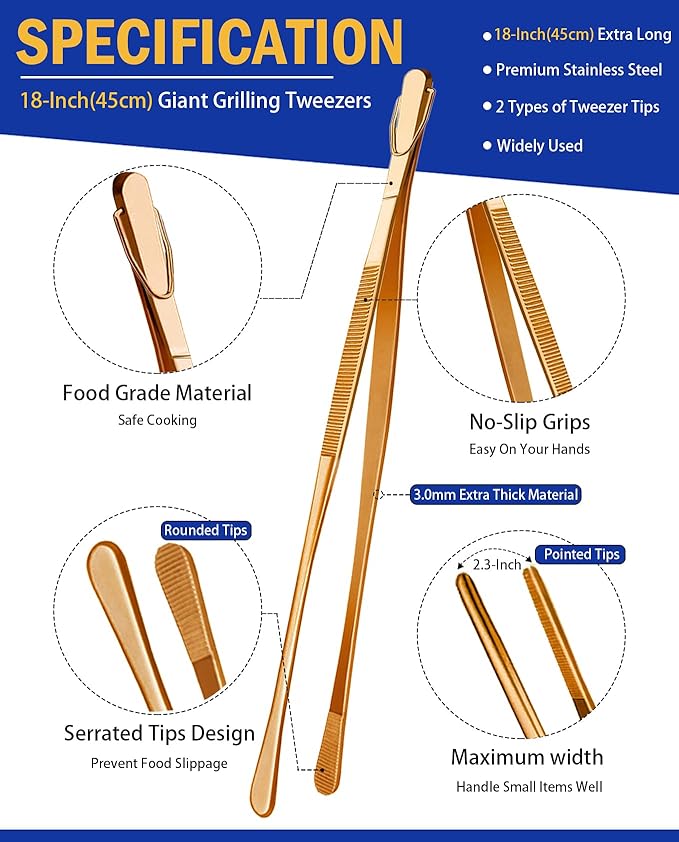JETKONG 2 Pcs 18 Inch (45cm) Stainless Steel Grill Tongs Heavy Duty Giant Tweezer Tongs, Extra Large Tweezers Tools for Cooking, Grilling, BBQ and Turning Food (Rose Gold)