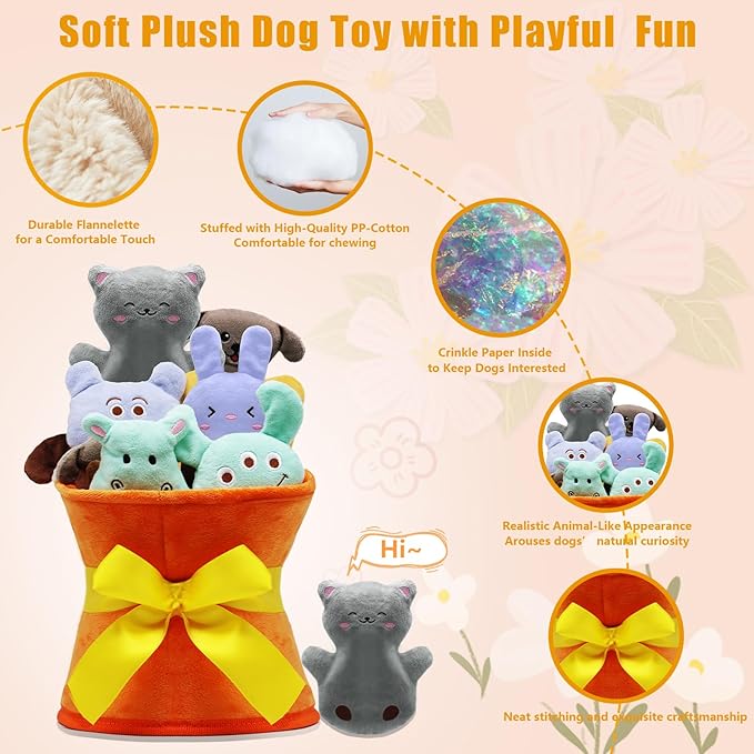 Squeaky Dog Toys, 11 Pcs Interactive Dog Plush Toy Collection in Flower Bouquet Packaging,10 Adorable Animal Plushies for Endless Play & Training