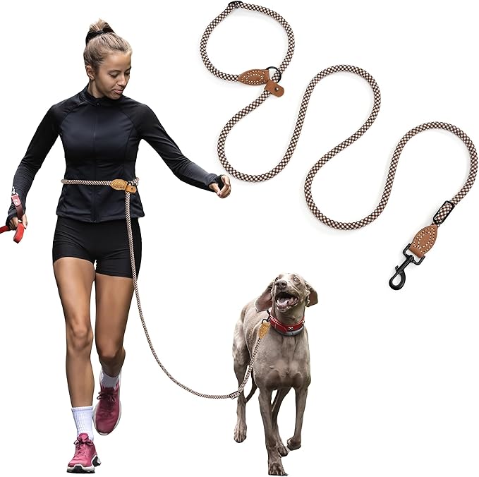Mile High Life Hands Free Dog Leash, Crossbody Waist Leash with Genuine Leather Connection, Multifunctional Adjustable Slip Lead for Dog Walking Running (Brown, 7FT)