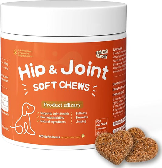 Advanced Hip & Joint Supplement for Dogs –120 Chews Glucosamine, Chondroitin, Soft Chews, Natural Joint Support for Small & Medium Breeds